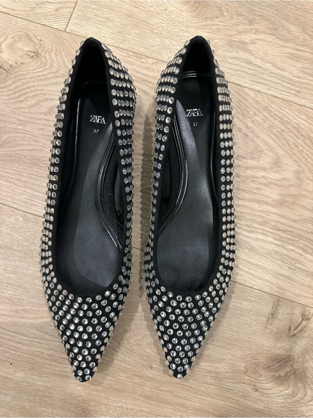 Zara Black Pointed Toe Flats with Silver Crystal Studs
